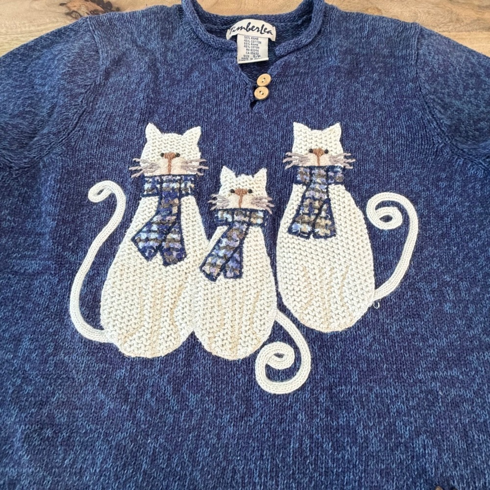 NWT Timberlea Vintage Novelty Knit Cat Sweater Blue Ramie Cotton Grandmacore S